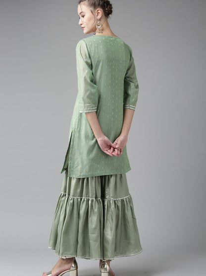 Women's Green And Golden Woven Design Kurta With Sharara