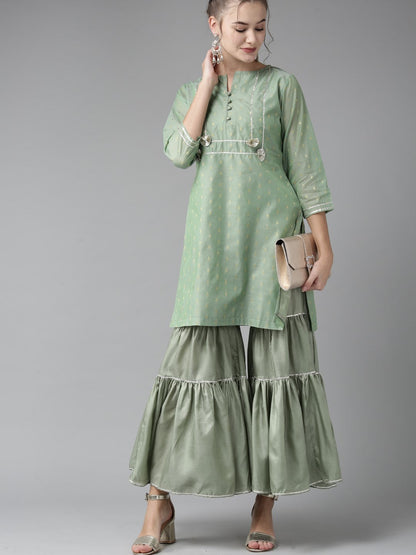Women's Green And Golden Woven Design Kurta With Sharara