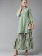 Women's Green And Golden Woven Design Kurta With Sharara