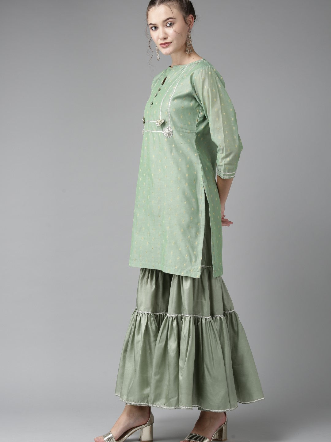 Women's Green And Golden Woven Design Kurta With Sharara