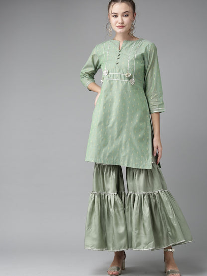 Women's Green And Golden Woven Design Kurta With Sharara