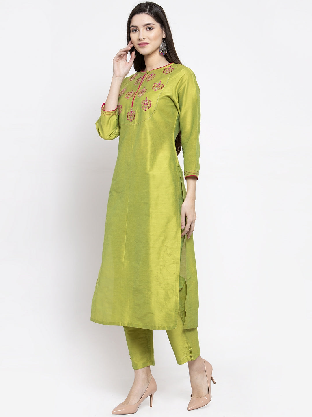 Women's LimeÃ¢Â Green Solid Kurta With Trousers & Dupatta