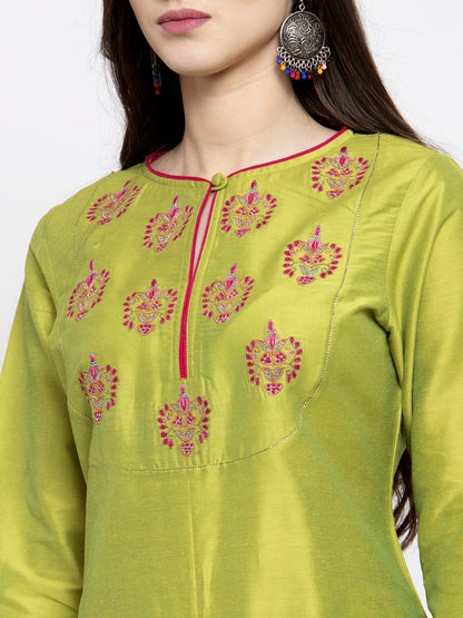 Women's LimeÃ¢Â Green Solid Kurta With Trousers & Dupatta