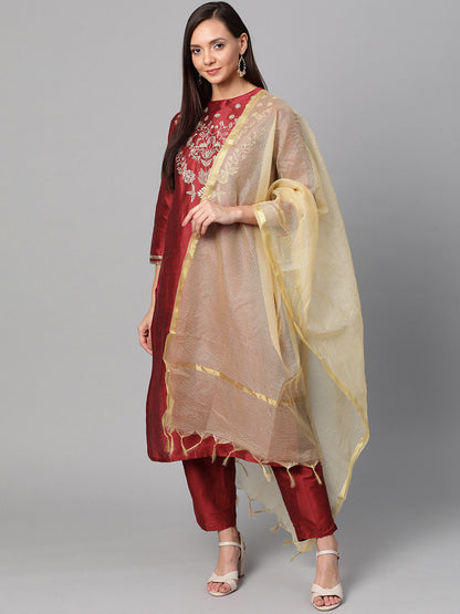 Women's Maroon And Golden Yoke Design Kurta With Trousers