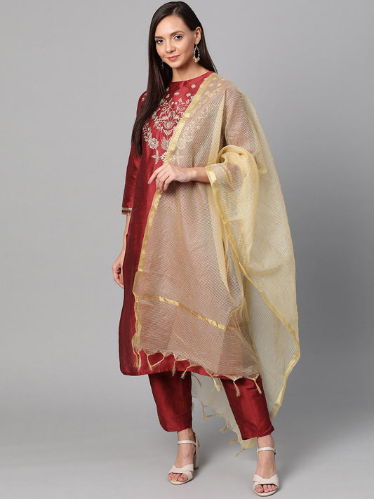 Women's Maroon And Golden Yoke Design Kurta With Trousers