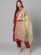 Women's Maroon And Golden Yoke Design Kurta With Trousers
