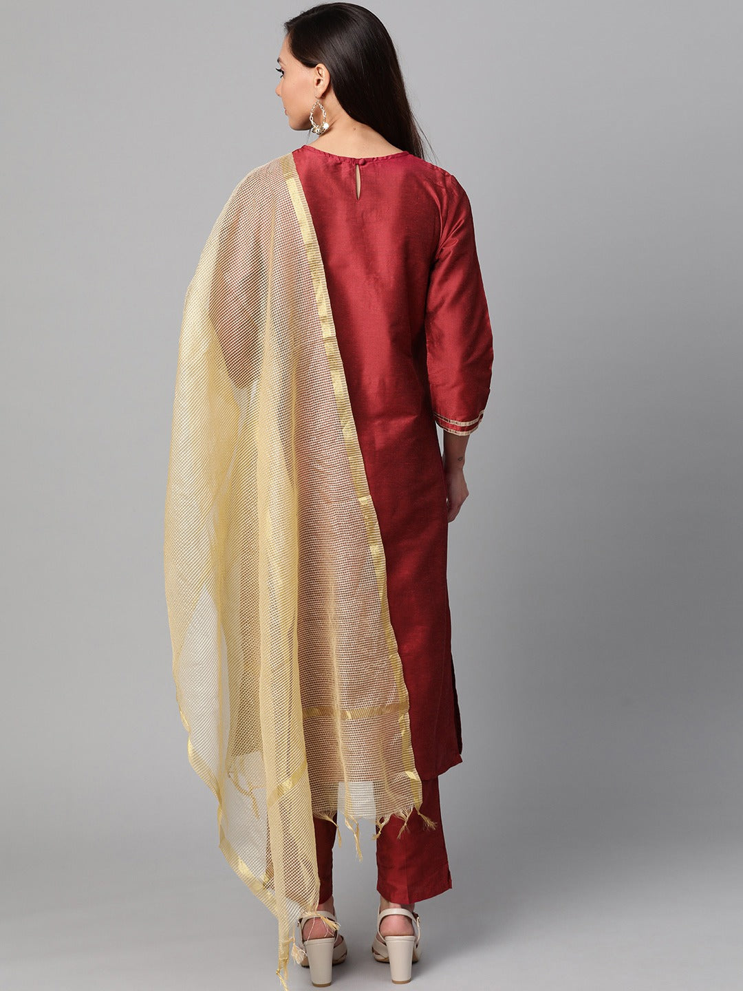 Women's Maroon And Golden Yoke Design Kurta With Trousers