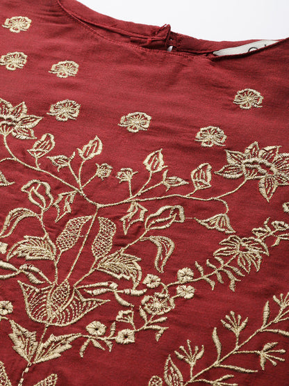 Women's Maroon And Golden Yoke Design Kurta With Trousers