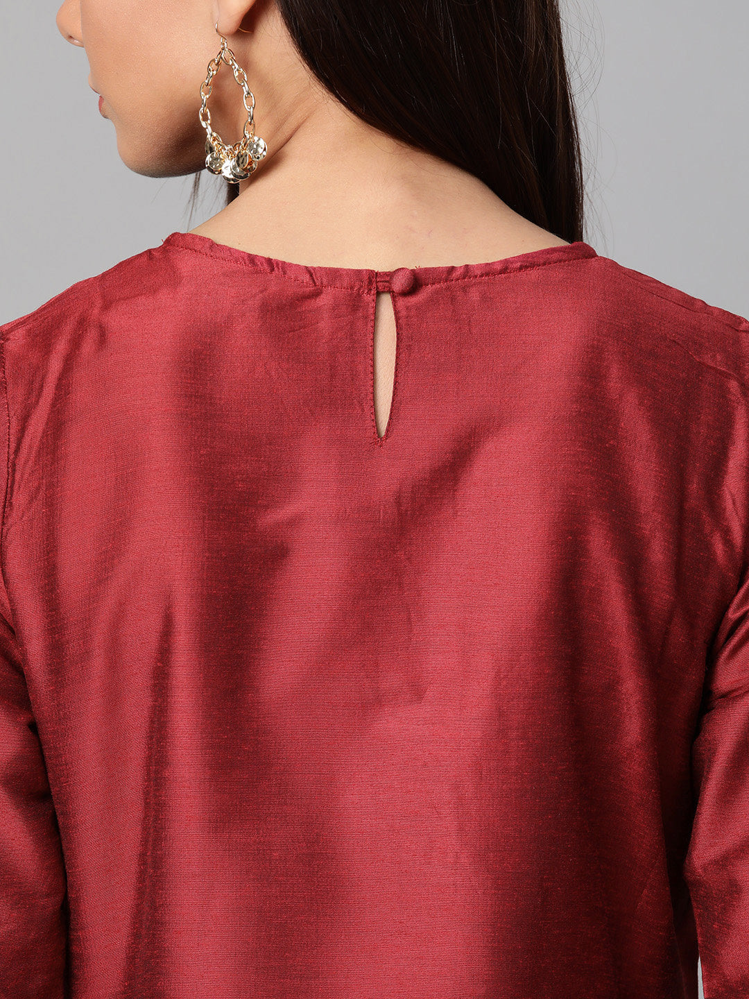 Women's Maroon And Golden Yoke Design Kurta With Trousers