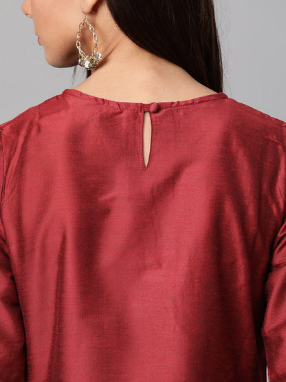 Women's Maroon And Golden Yoke Design Kurta With Trousers