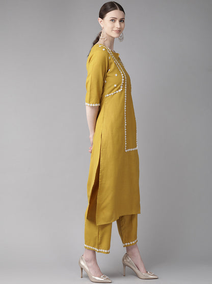 Women's Mustard Yellow Yoke Design Kurta With Palazzos