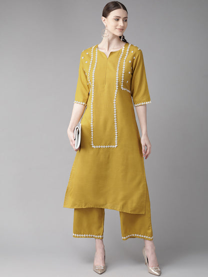 Women's Mustard Yellow Yoke Design Kurta With Palazzos