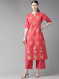 Women's Pink And Golden Block Print Kurta With Palazzos