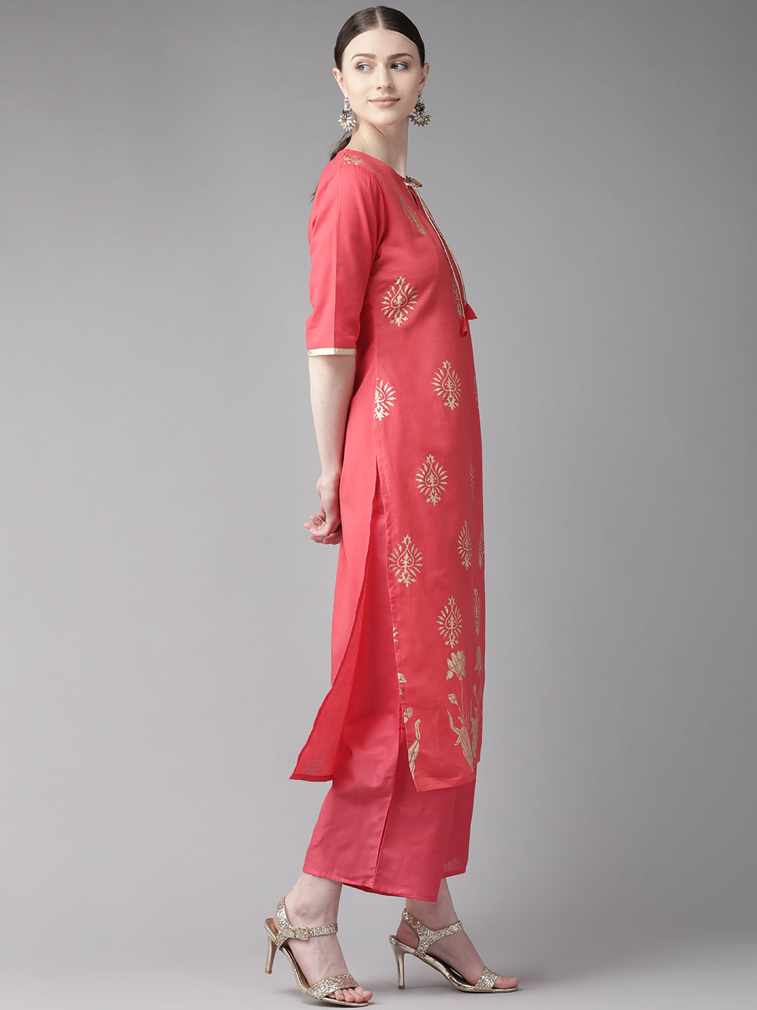 Women's Pink And Golden Block Print Kurta With Palazzos