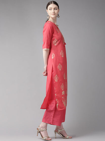 Women's Pink And Golden Block Print Kurta With Palazzos