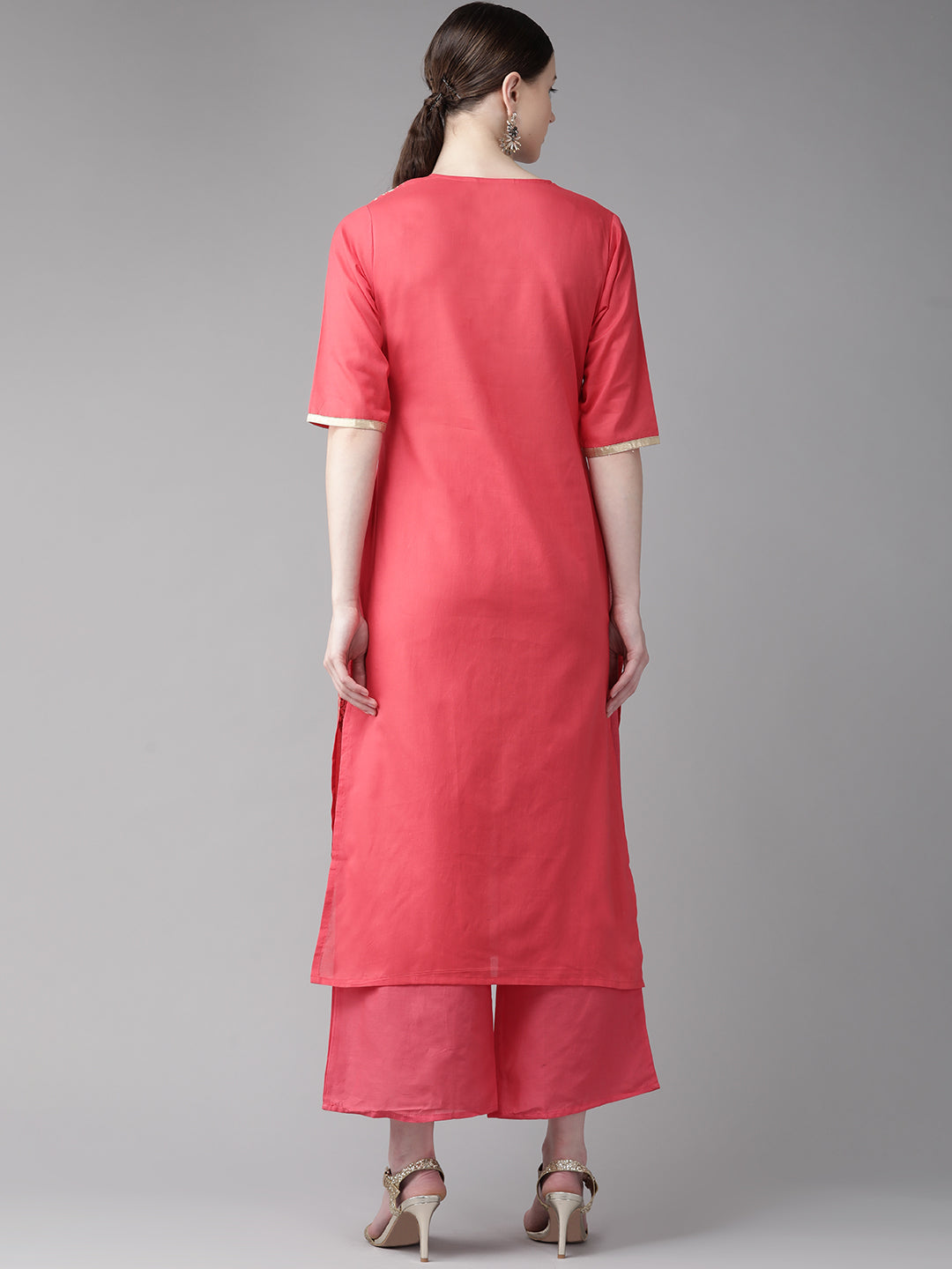 Women's Pink And Golden Block Print Kurta With Palazzos