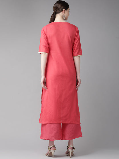 Women's Pink And Golden Block Print Kurta With Palazzos