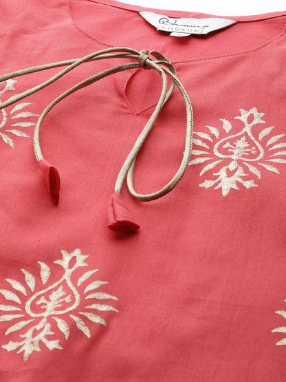Women's Pink And Golden Block Print Kurta With Palazzos