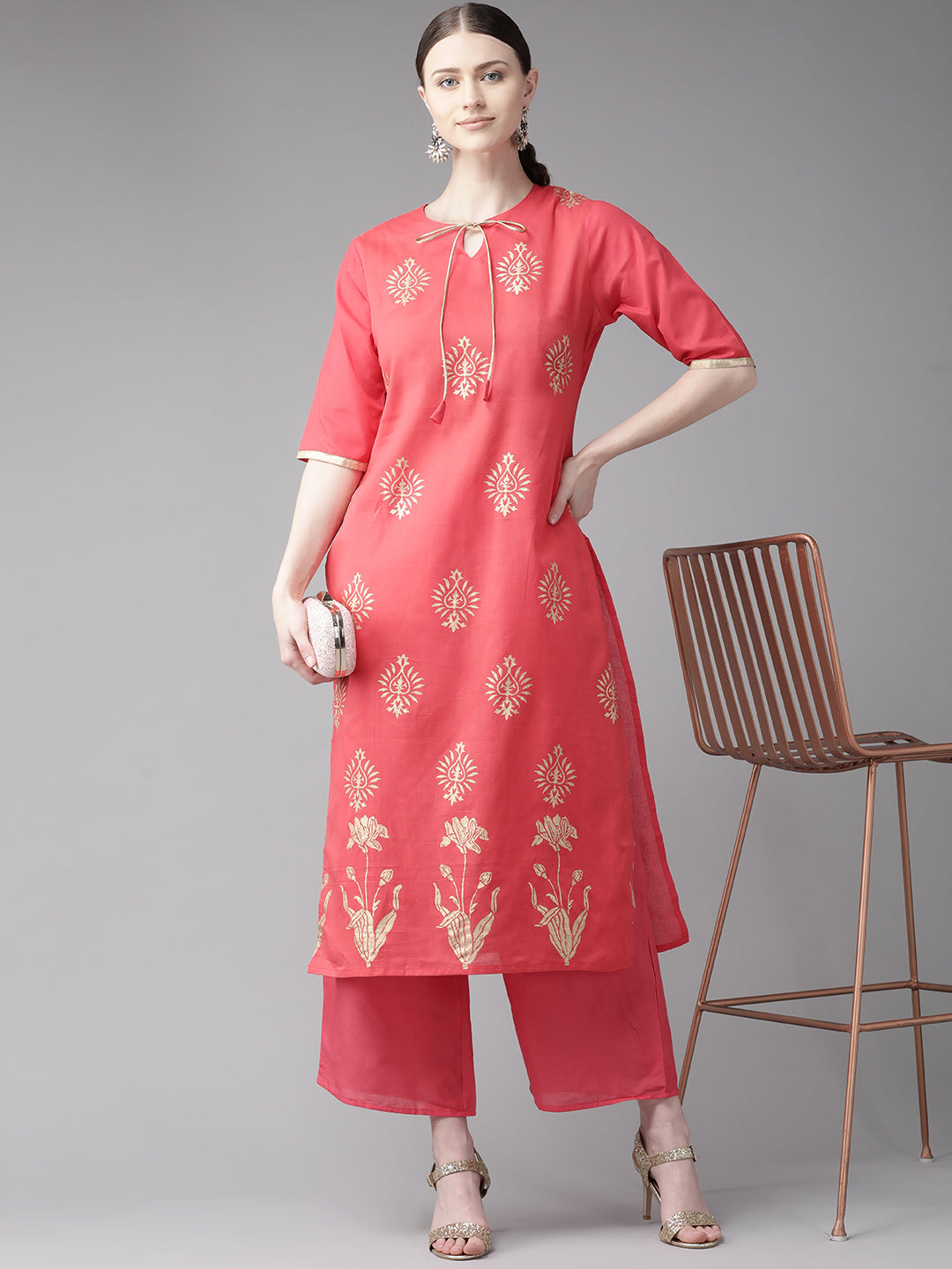 Women's Pink And Golden Block Print Kurta With Palazzos