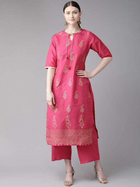 Women's Pink And Golden Block Print Kurta With Palazzos