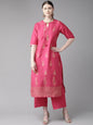 Women's Pink And Golden Block Print Kurta With Palazzos