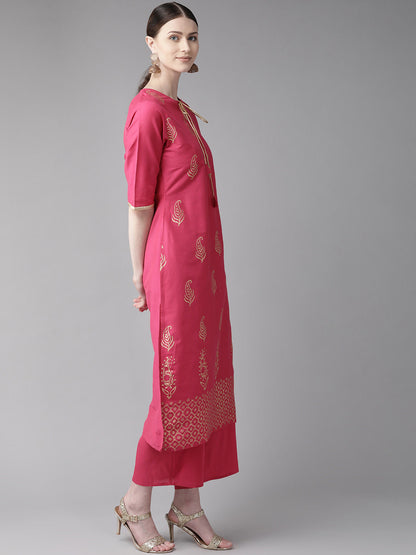 Women's Pink And Golden Block Print Kurta With Palazzos