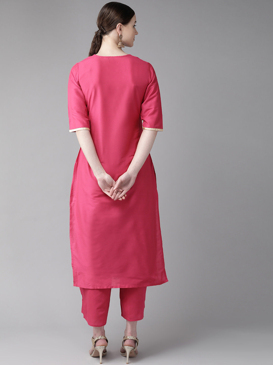 Women's Pink And Golden Block Print Kurta With Palazzos
