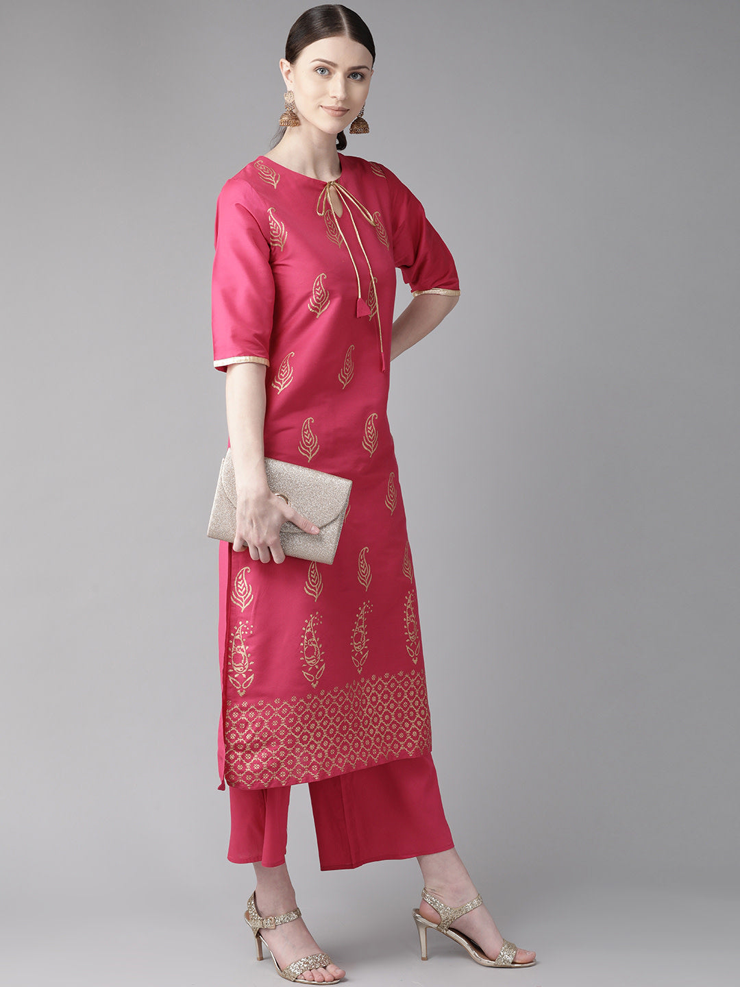 Women's Pink And Golden Block Print Kurta With Palazzos