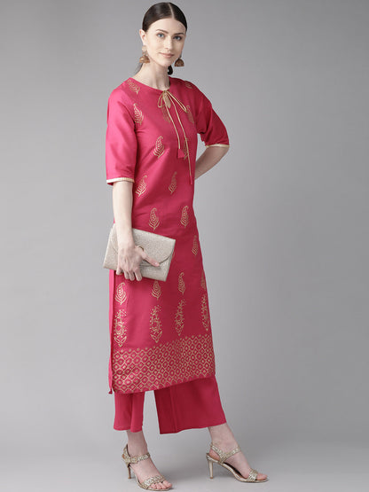 Women's Pink And Golden Block Print Kurta With Palazzos