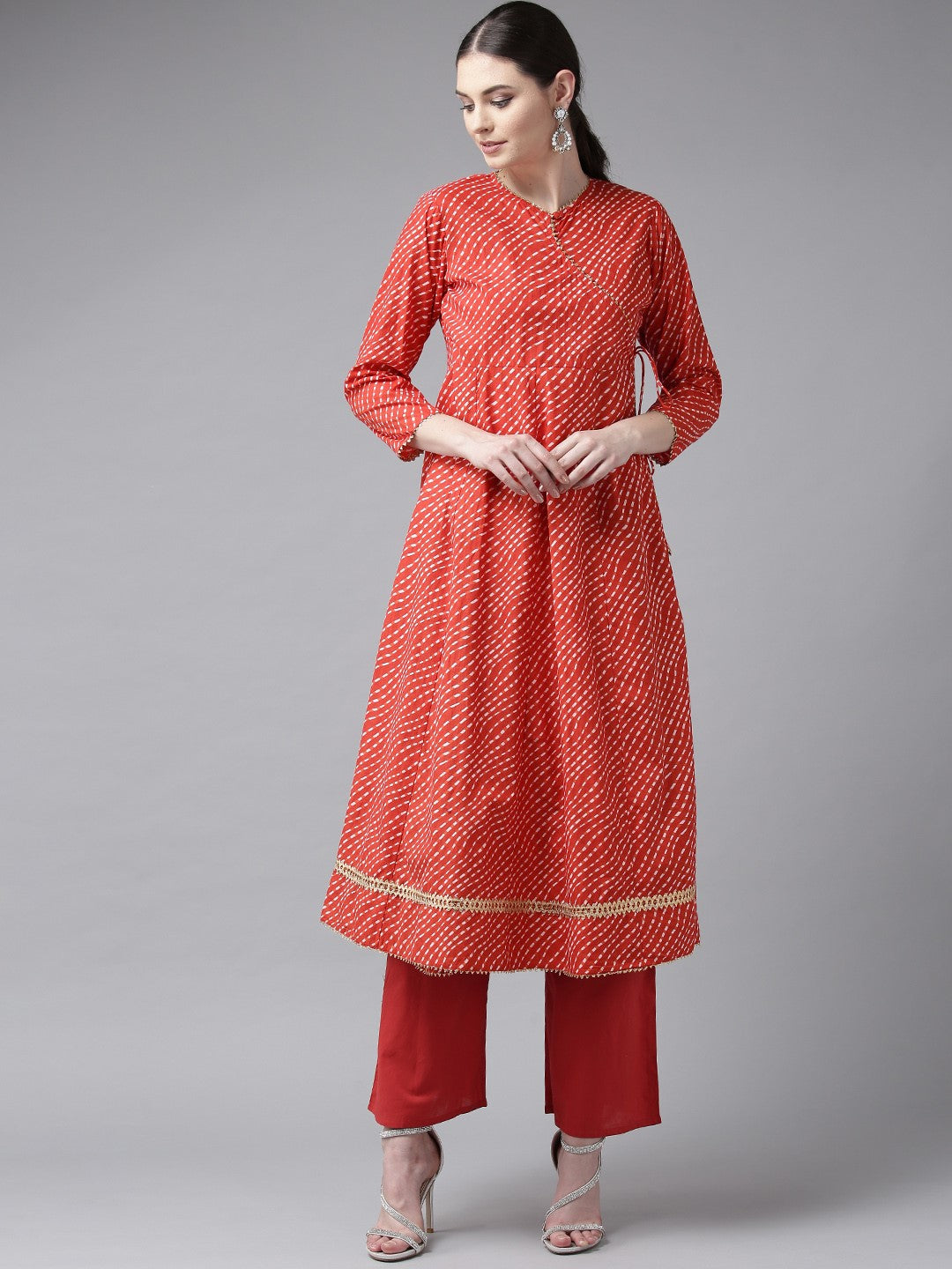 Women's Red And White Printed Kurta With Palazzos