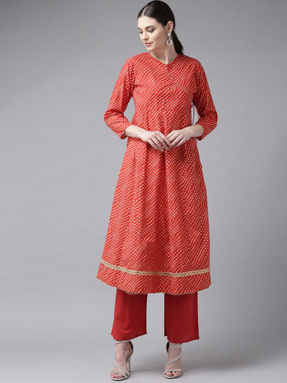Women's Red And White Printed Kurta With Palazzos