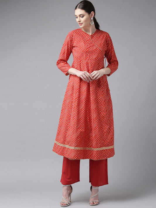 Women's Red And White Printed Kurta With Palazzos