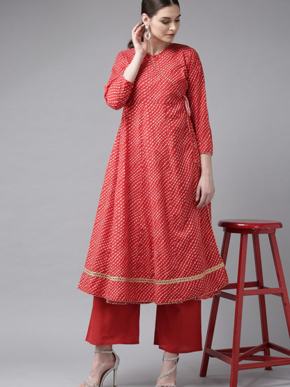 Women's Red And White Printed Kurta With Palazzos
