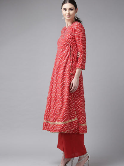 Women's Red And White Printed Kurta With Palazzos
