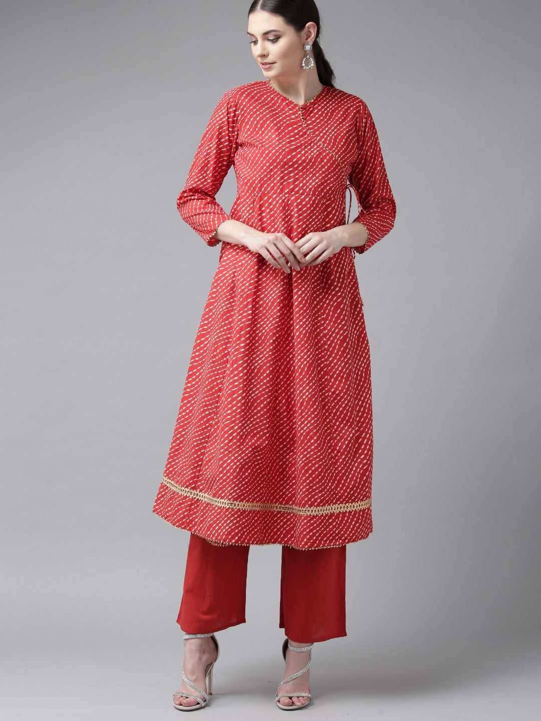 Women's Red And White Printed Kurta With Palazzos