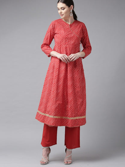 Women's Red And White Printed Kurta With Palazzos