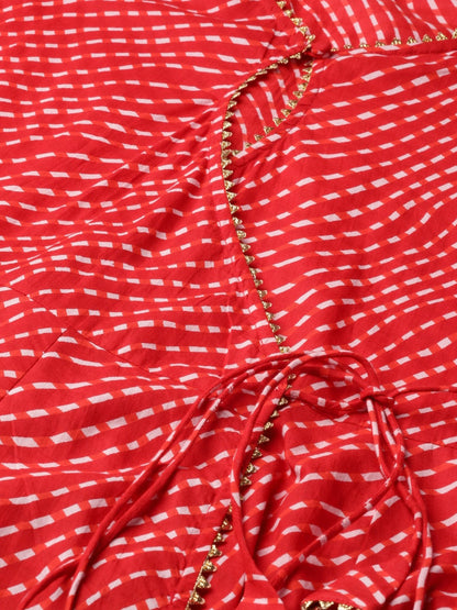 Women's Red And White Printed Kurta With Palazzos