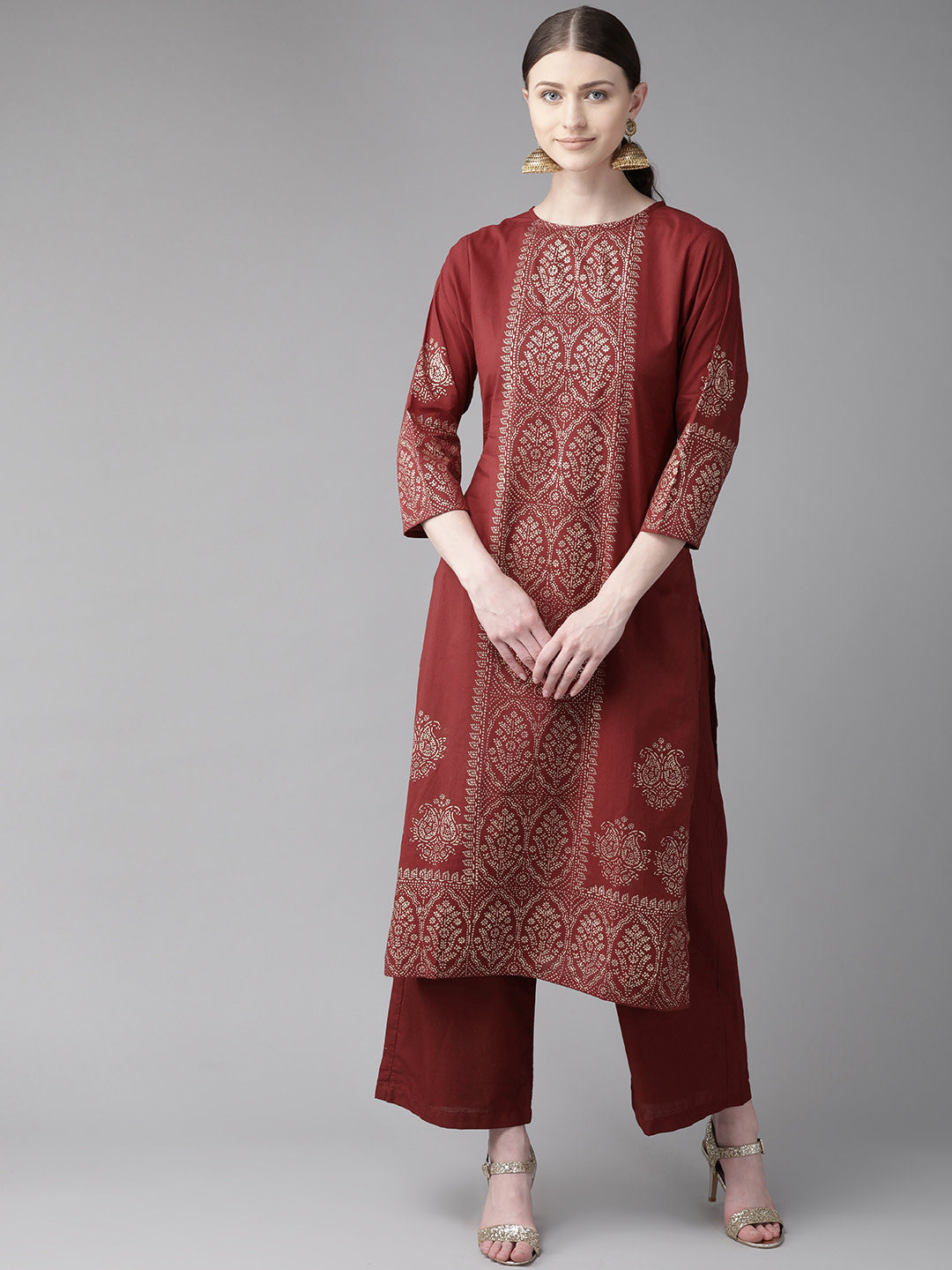 Women's Maroon Printed Kurta With Palazzos
