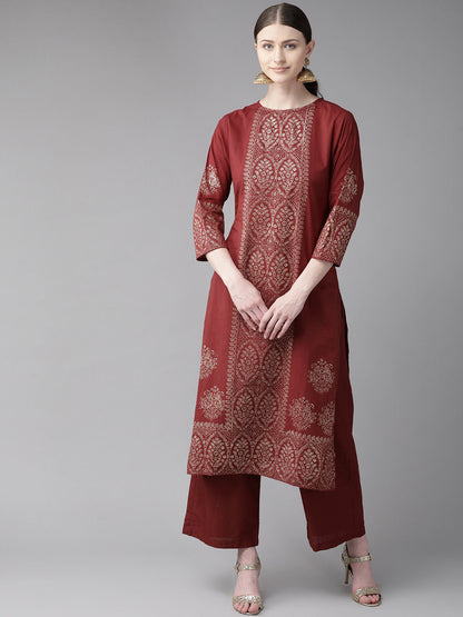 Women's Maroon Printed Kurta With Palazzos