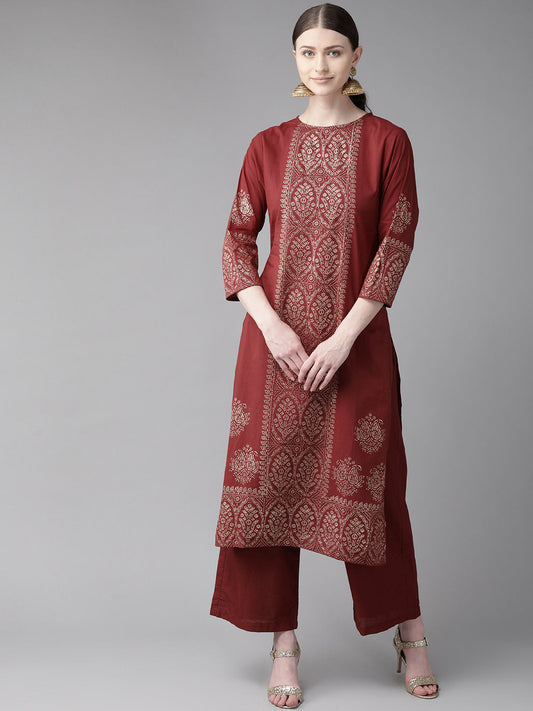 Women's Maroon Printed Kurta With Palazzos