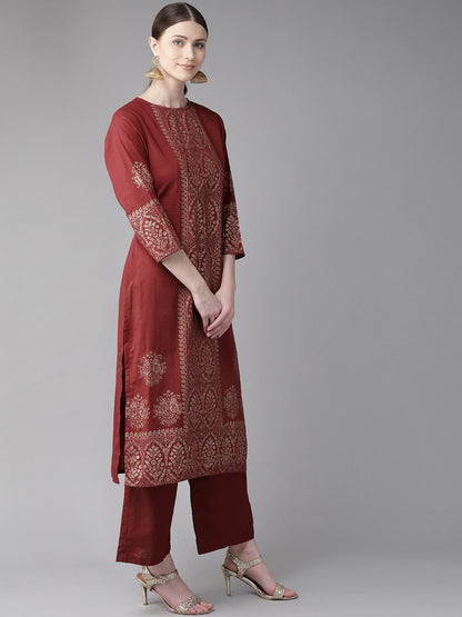 Women's Maroon Printed Kurta With Palazzos