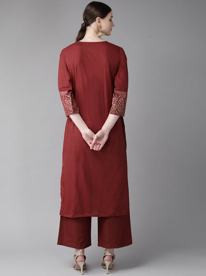 Women's Maroon Printed Kurta With Palazzos