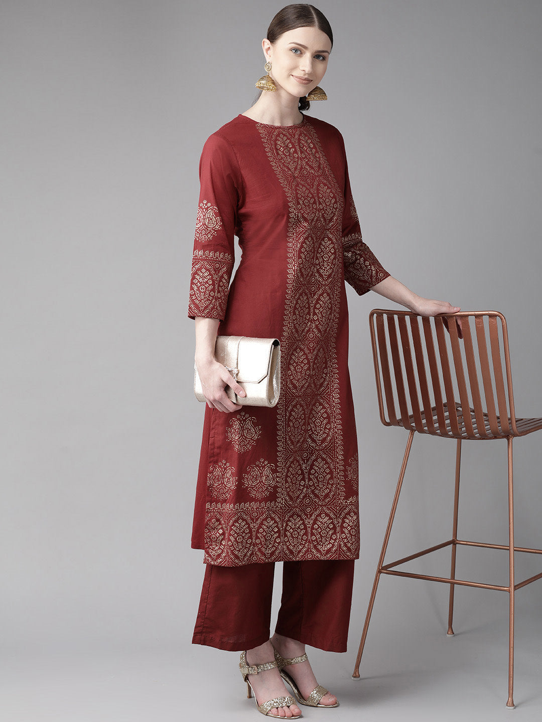 Women's Maroon Printed Kurta With Palazzos