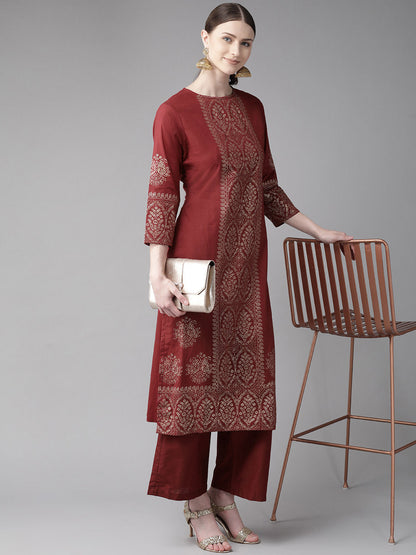 Women's Maroon Printed Kurta With Palazzos