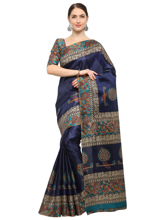Women's Blue Silk Blend Printed Saree