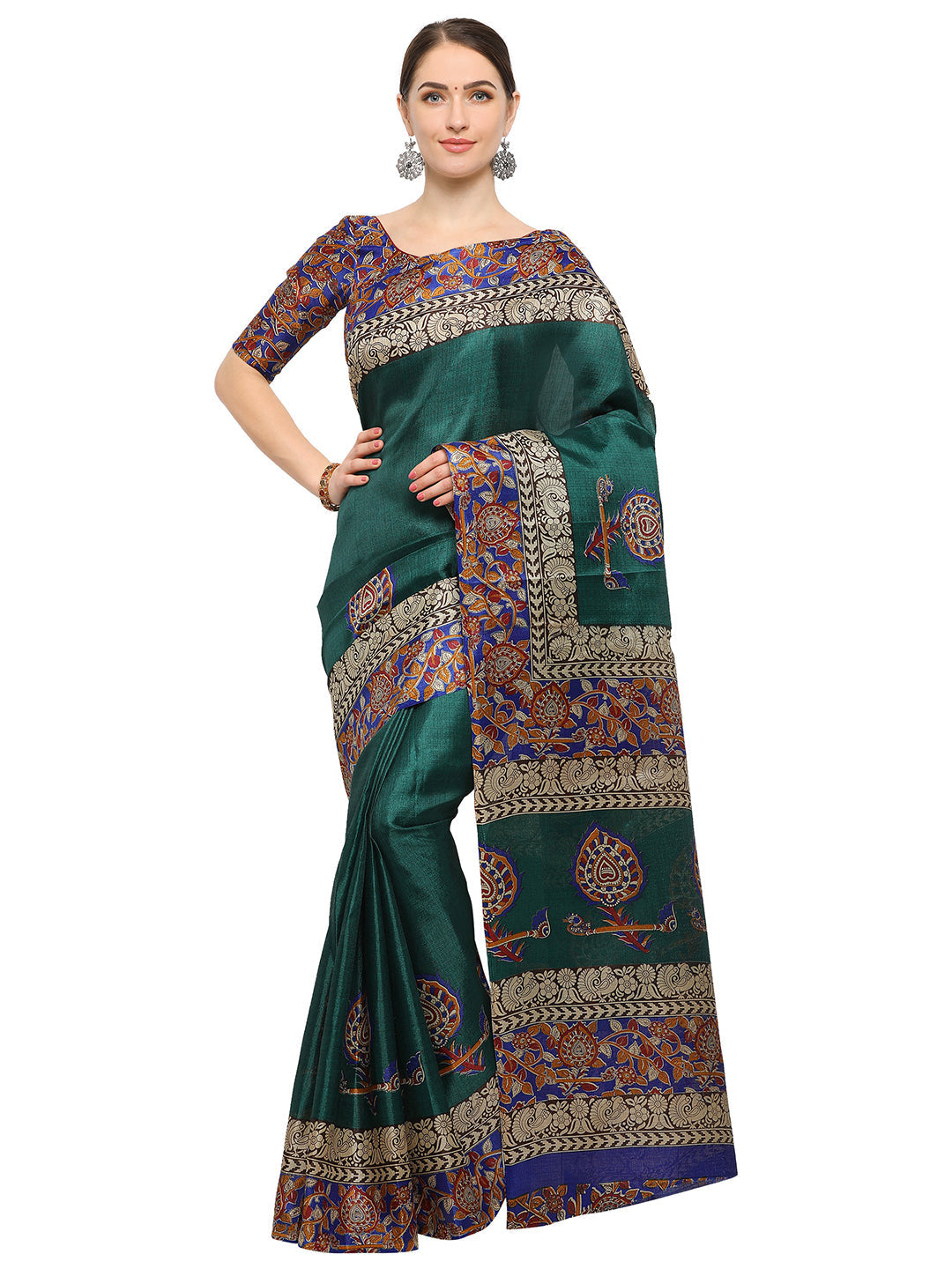 Women's Green Silk Blend Printed Saree