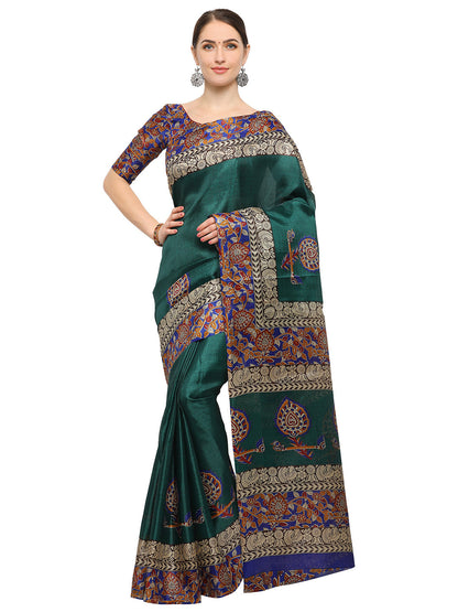 Women's Green Silk Blend Printed Saree
