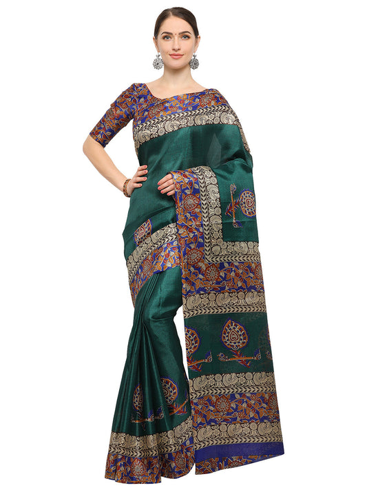 Women's Green Silk Blend Printed Saree