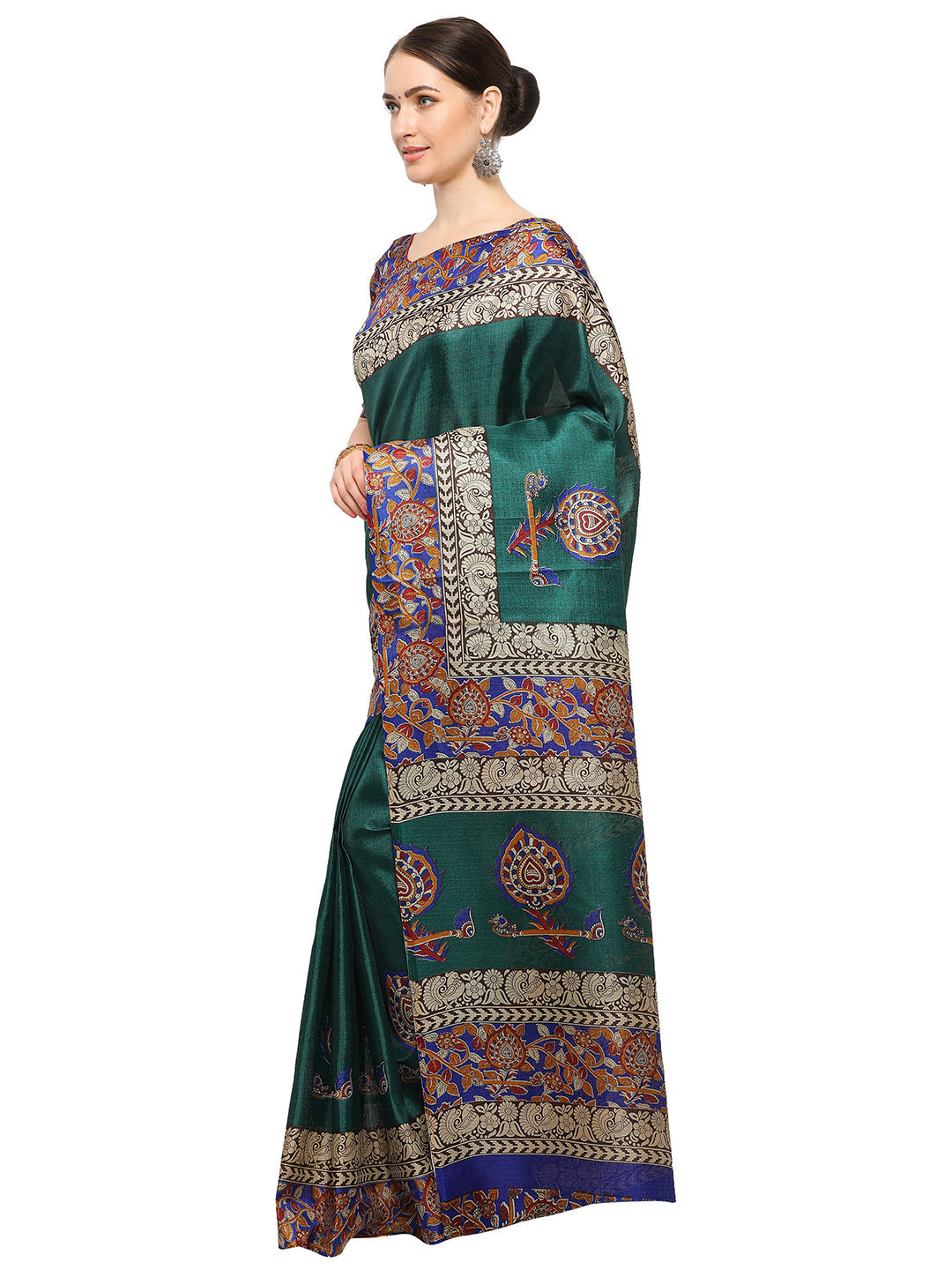 Women's Green Silk Blend Printed Saree