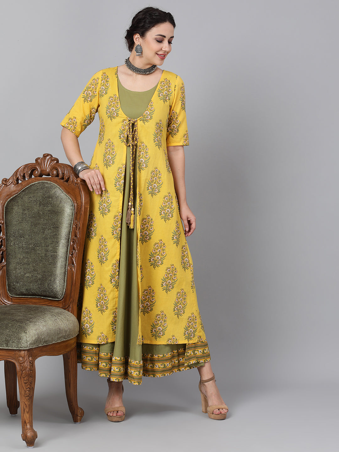 Women's Yellow Floral Print Maxi Dress